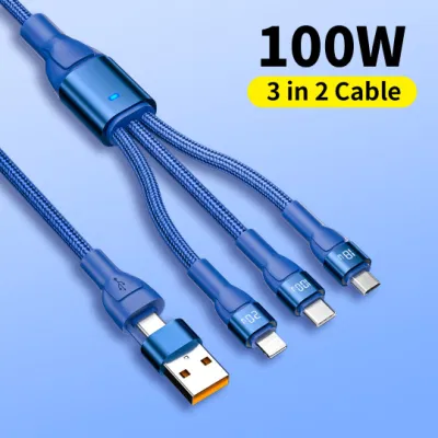 Pd100W 3 in 2 6A Type C/USB to Type C Lightning Micro USB Charger Nylon Fast Charge 5 in 1 USB Charging Cable